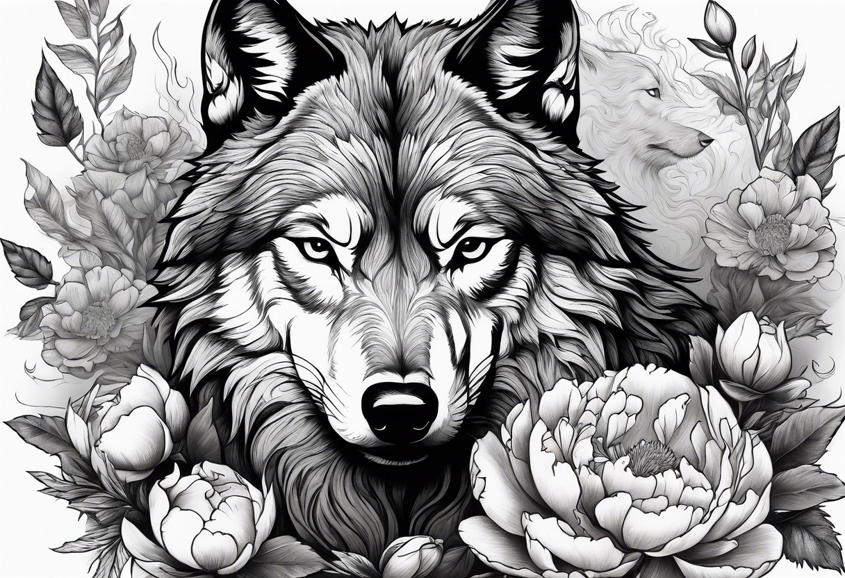 Woodland scene of wolf fighting with peonies and smoke tattoo idea