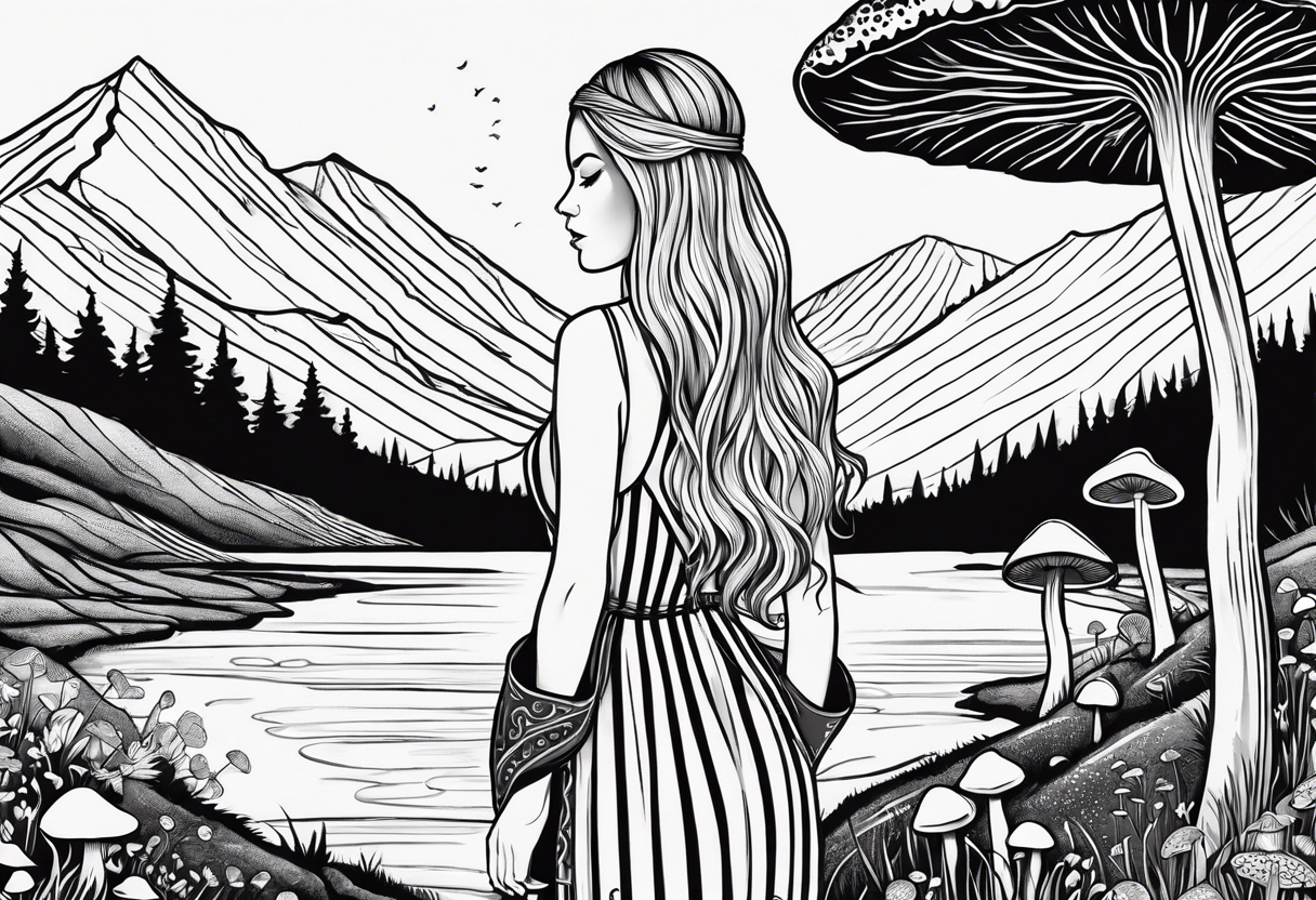 Straight long blonde hair hippie girl in distance holding mushrooms in hand facing away toward mountains and creek surrounded by mushrooms black and white striped dress tattoo idea