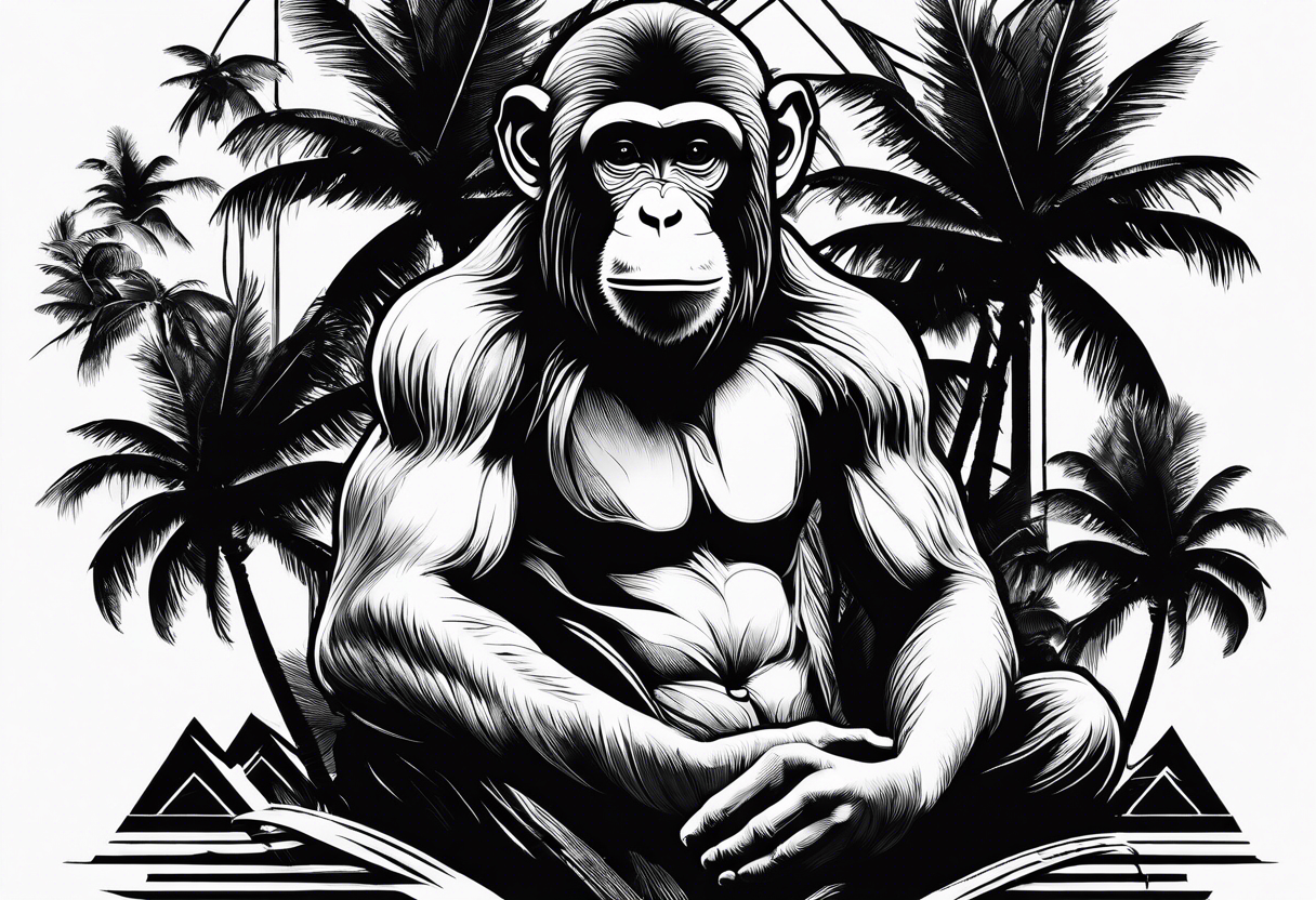 Monkey with a banana sitting on a palm tree tattoo idea