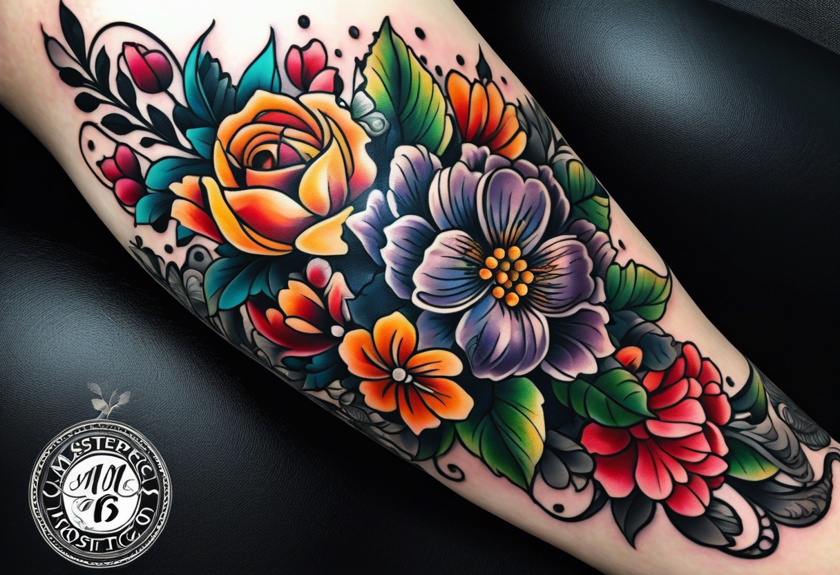 Floral leg piece with beading and lace tattoo idea. monochromatic colorful, old school flowers. tattoo idea