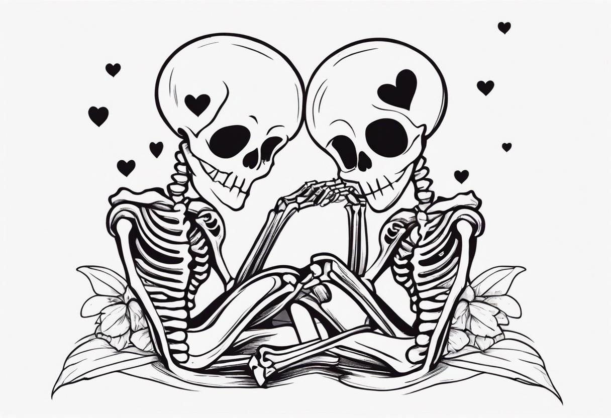 One skeleton with eyes in the shape of hearts, one skeleton sitting tattoo idea