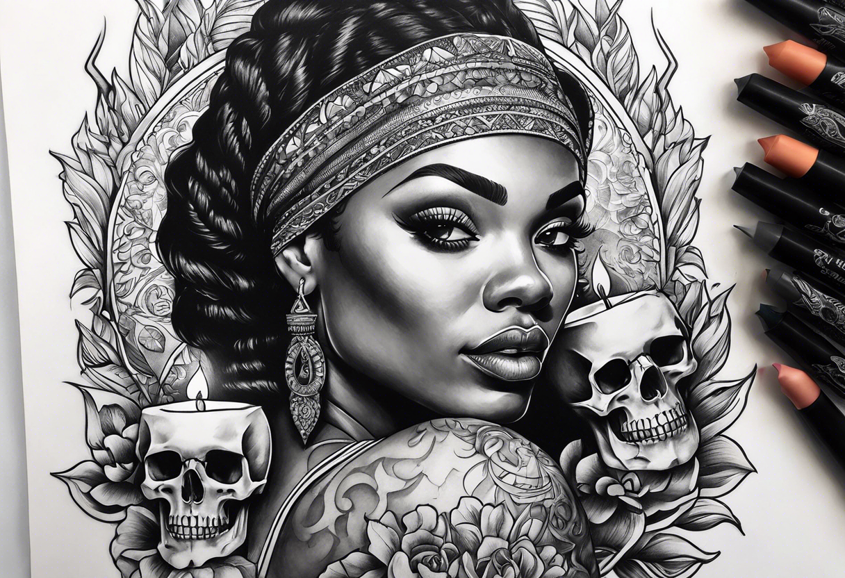 black women  with skull and burning candle tattoo tattoo idea