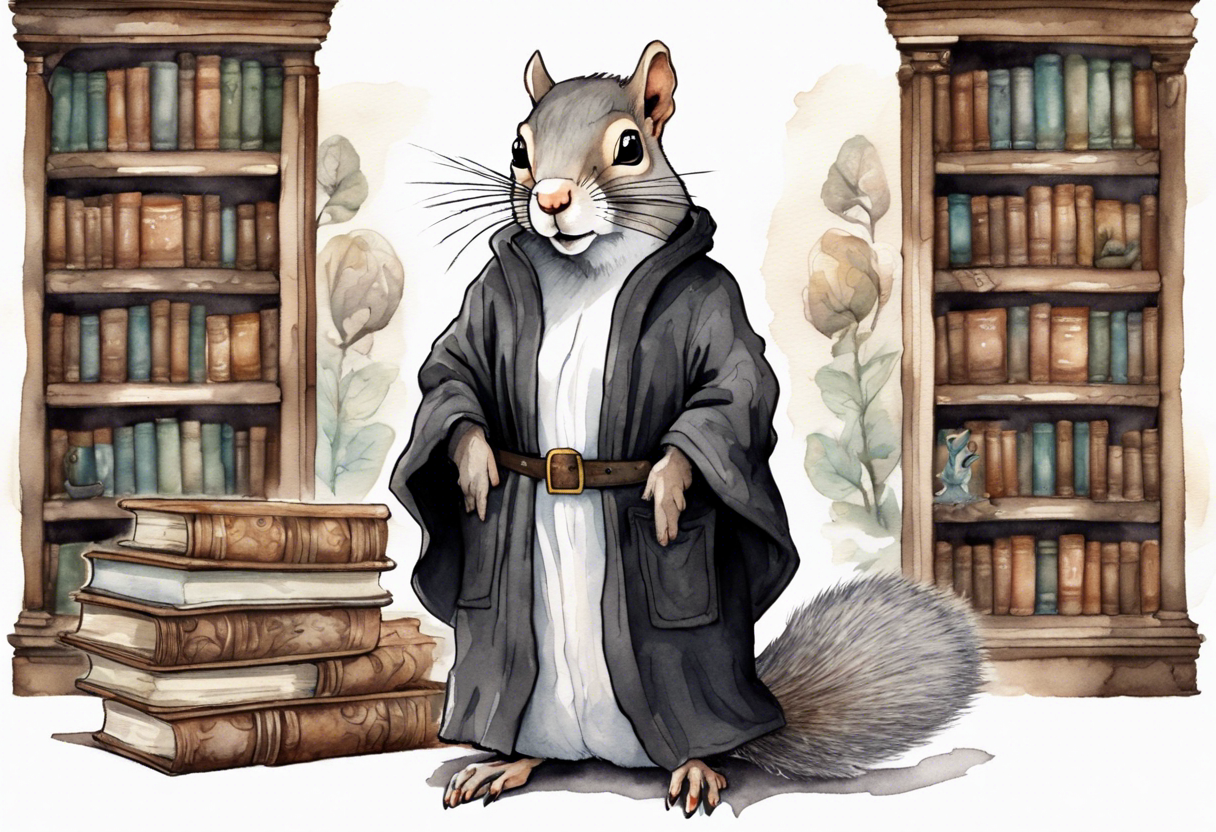 an elderly grey squirrel with a white beard and mustache wearing a black robe and spectacles standing in an ancient library tattoo idea