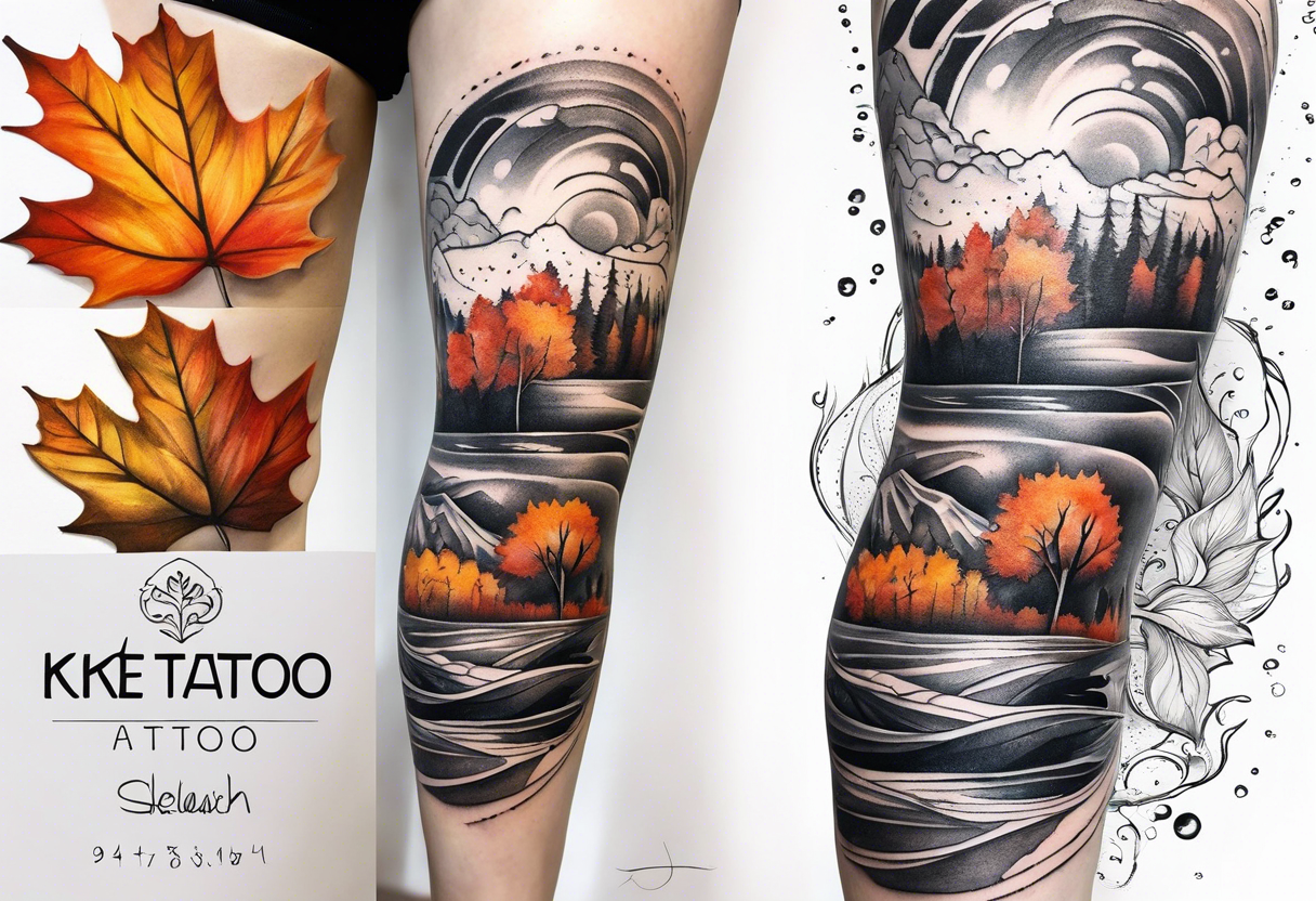 Knee tattoo in fall colors with water flow washes tattoo idea