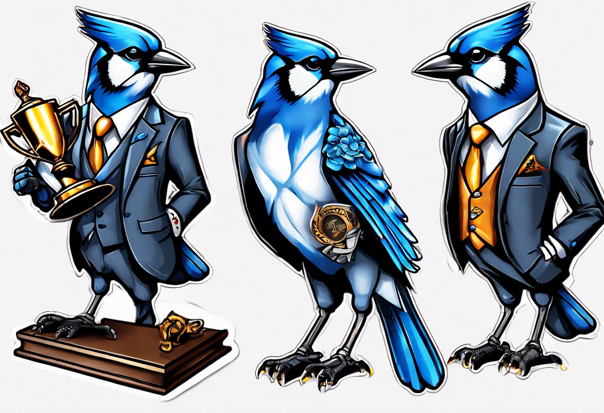 bluejay in a suit holding a trophy tattoo idea