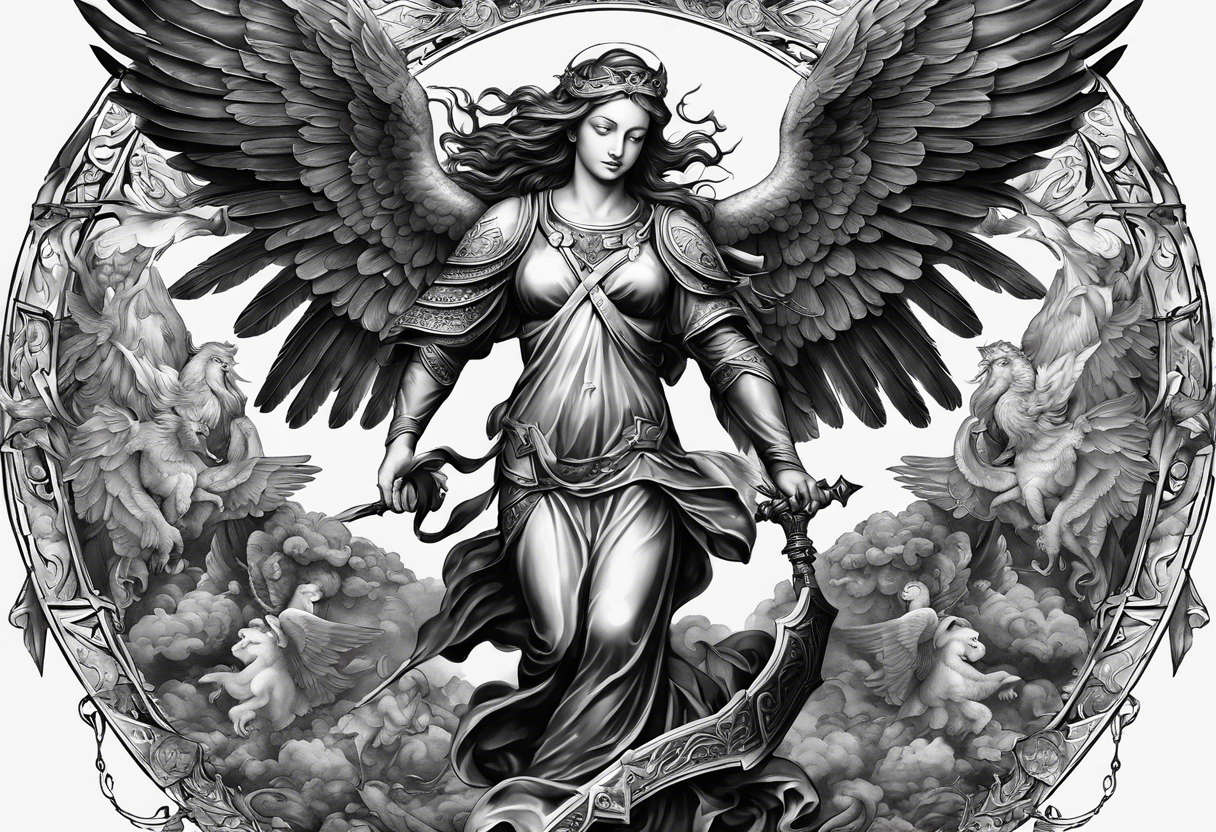 Full back piece depicting the war between angels above and demons below. Make the angels biblically accurate such as seraphim, ophanim, virtues, etc tattoo idea