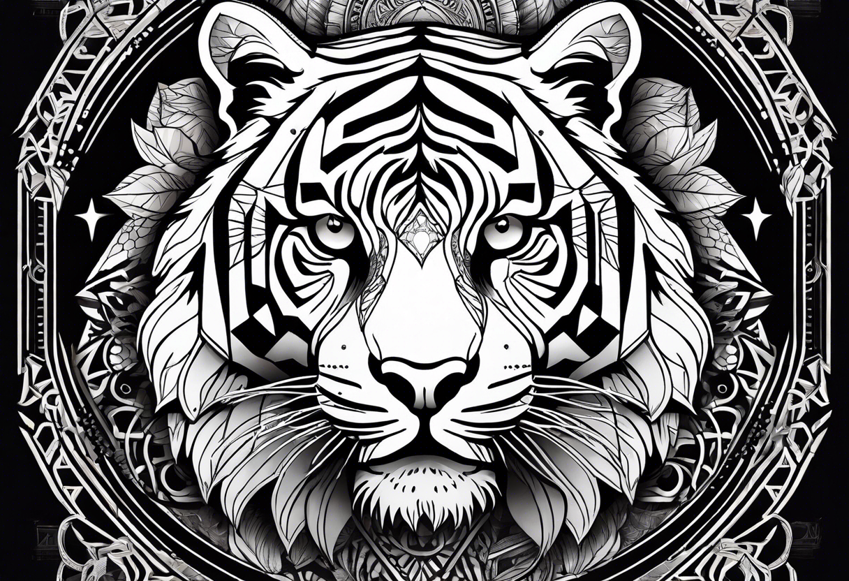 Tiger silhouette with sacred geometry and shapes. Tree of Life growing through the tiger tattoo idea