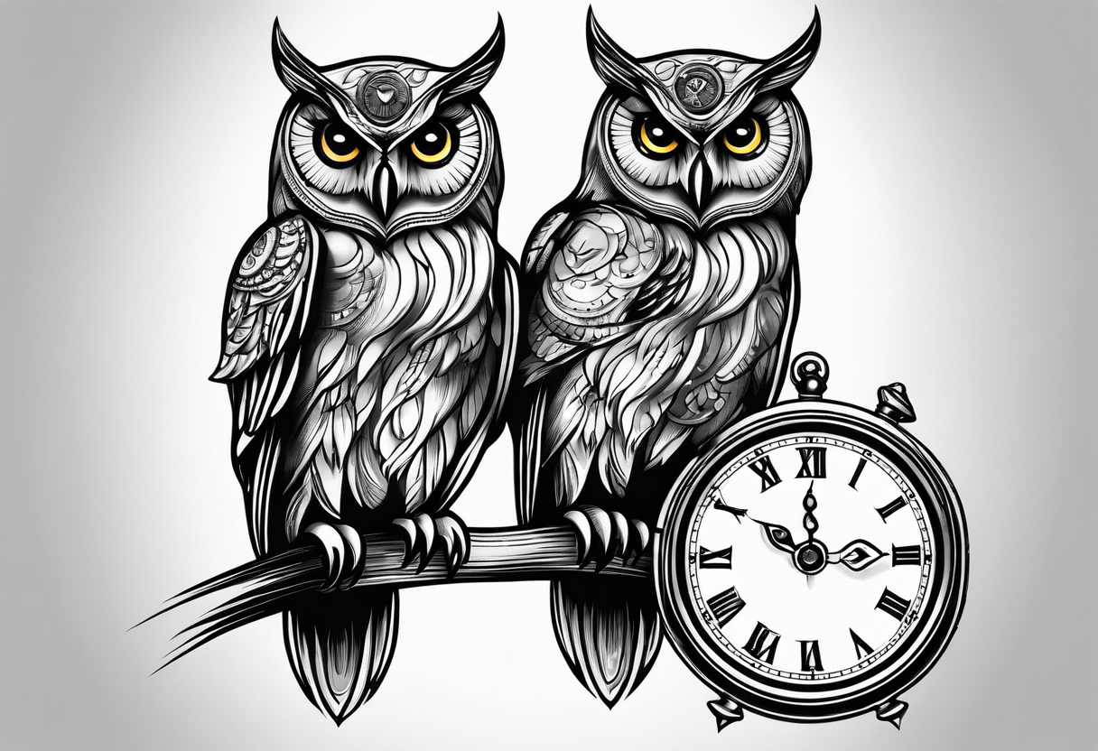 Mother and baby owl with clock tattoo idea