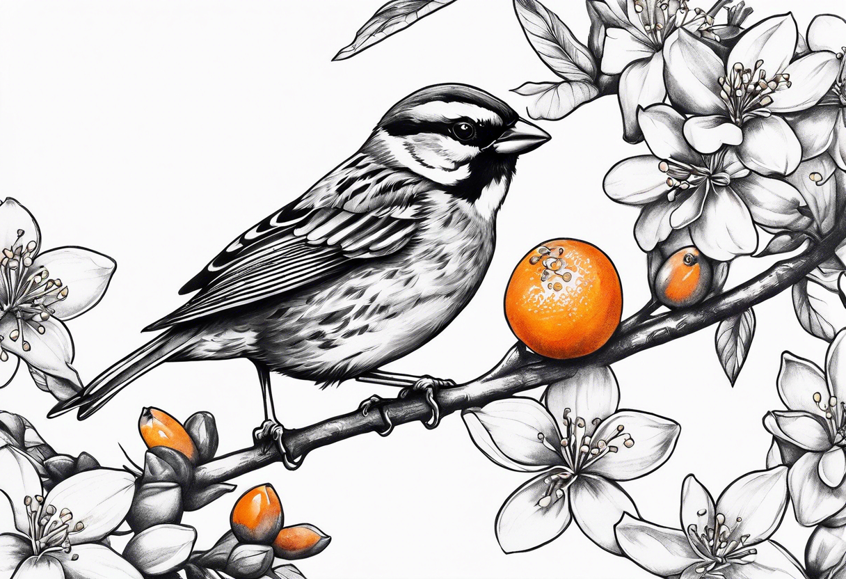 sparrow flying off of branch with orange blossoms tattoo idea