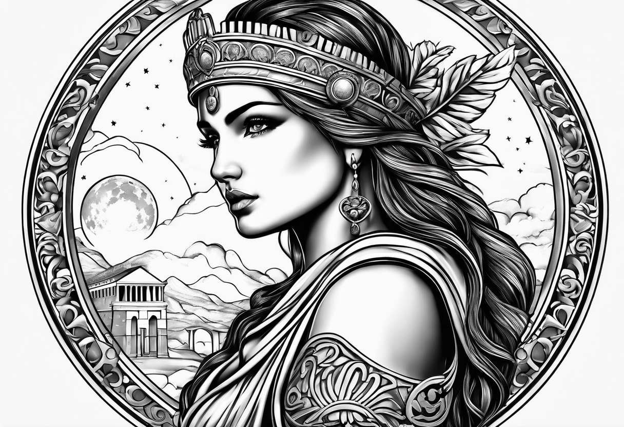 make a beautiful female woman in roman theme. Place the moon in the background tattoo idea