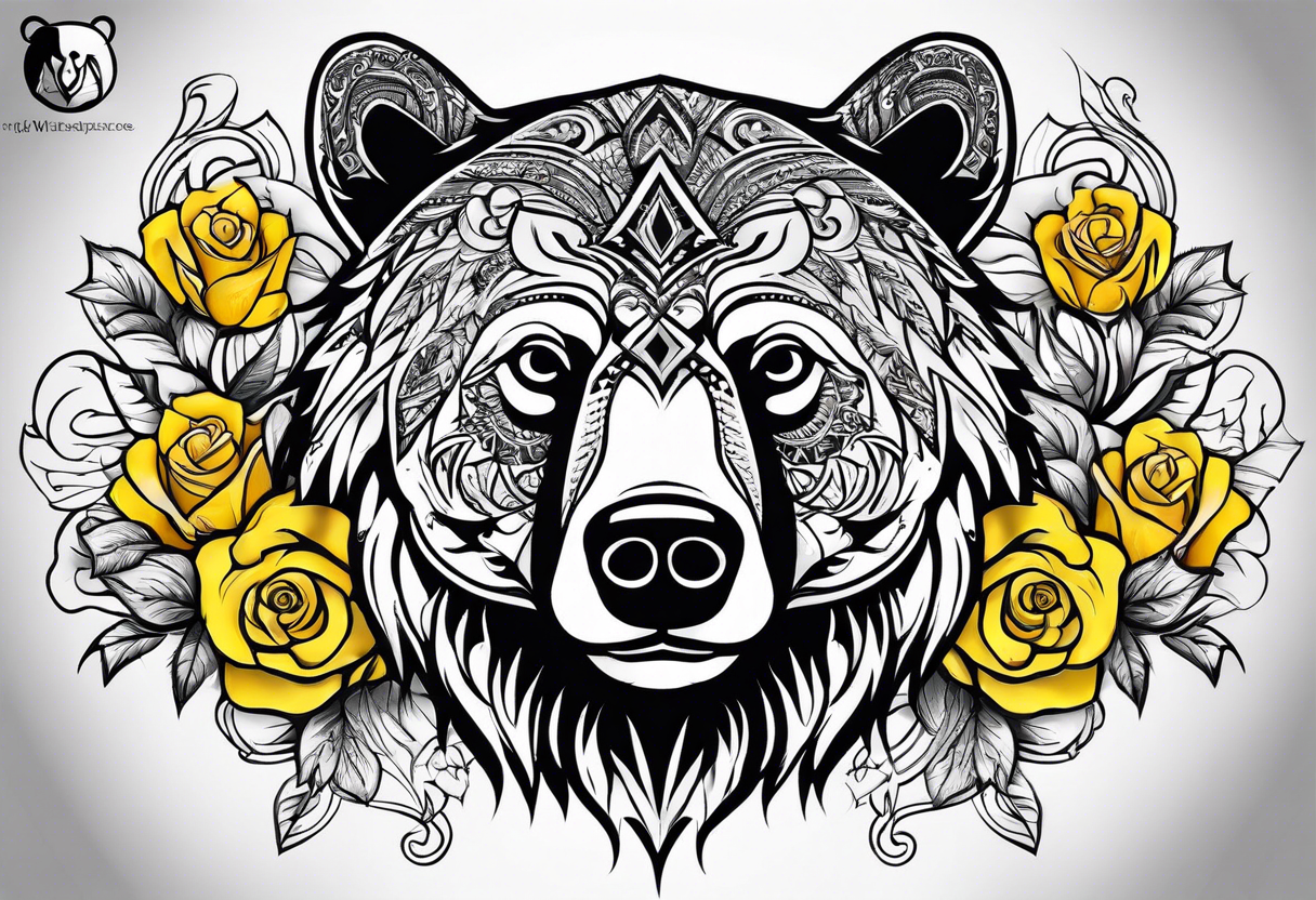 A tribal bear above the butterfly and yellow rose tattoo idea