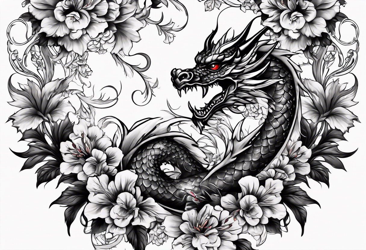 Drache mit Kirschblüten auf den ganzen Bein länglich tattoo idea