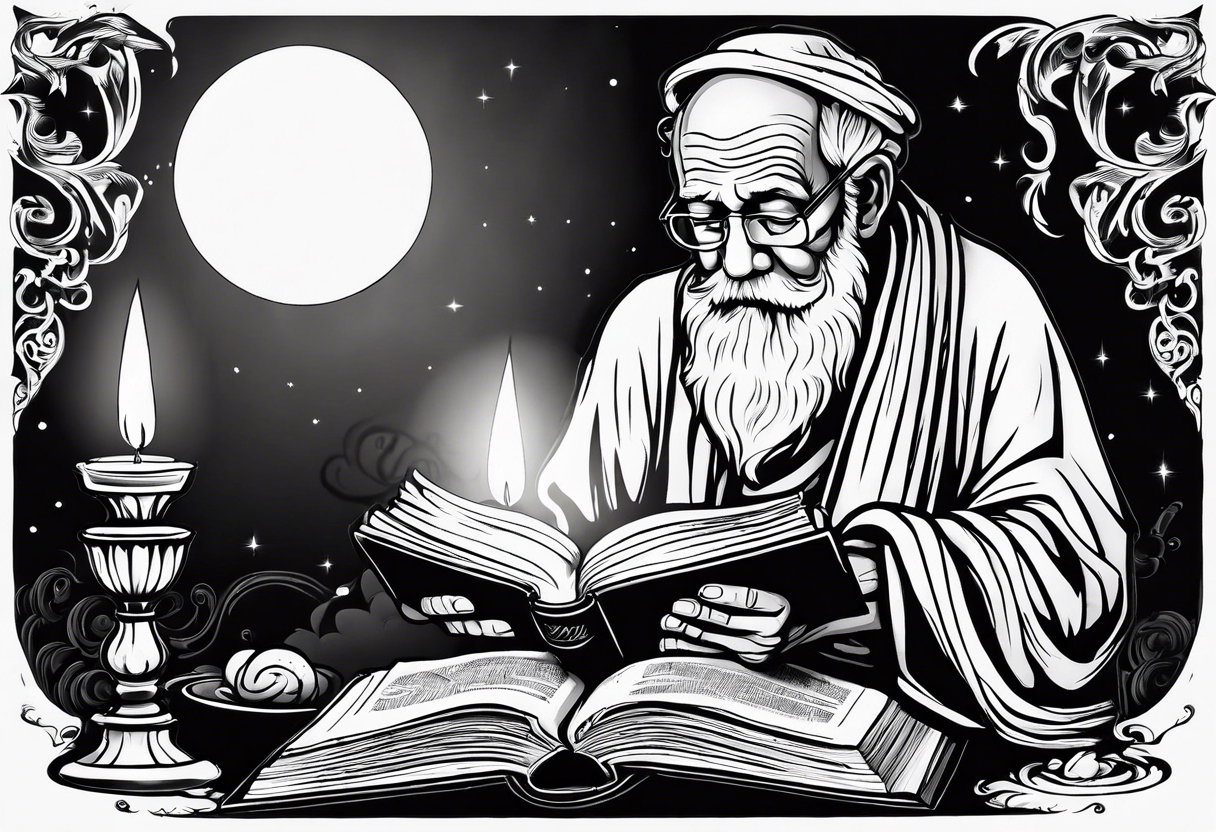 old man beggar reading a holy bible by candle light tattoo idea