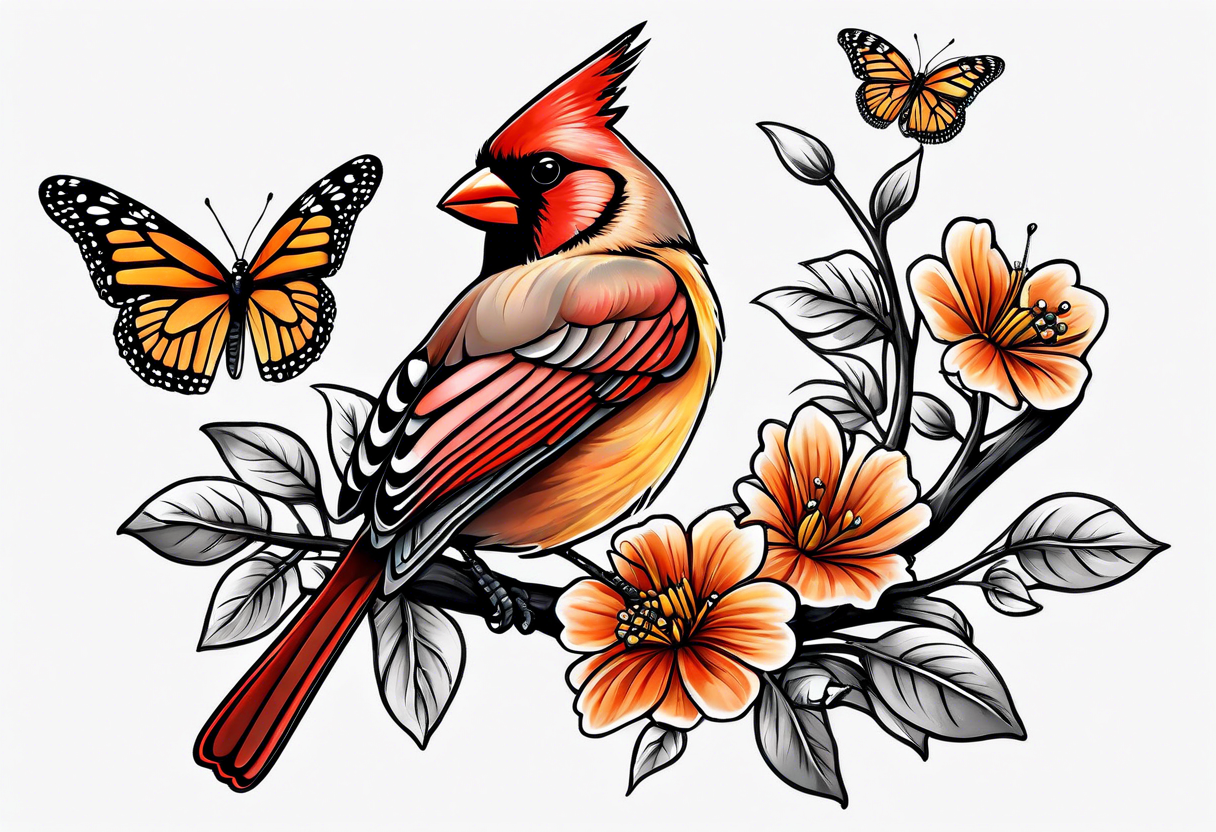 Female cardinal on a branch with monarch butterfly flying tattoo idea