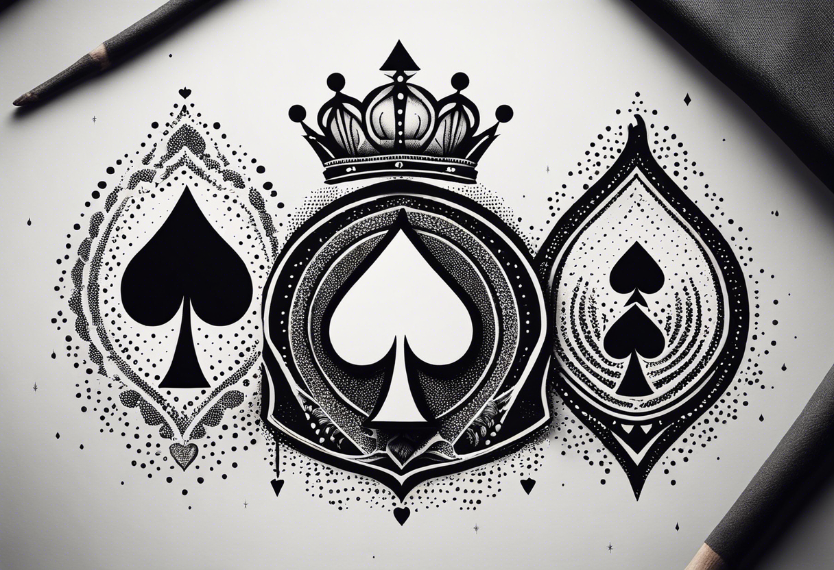 one combined tatto in minimalistic style with icon style three king of spades and icon style one queen of hearts. extreme minimalstic and few lines. much more minimalistic and fewer lines tattoo idea