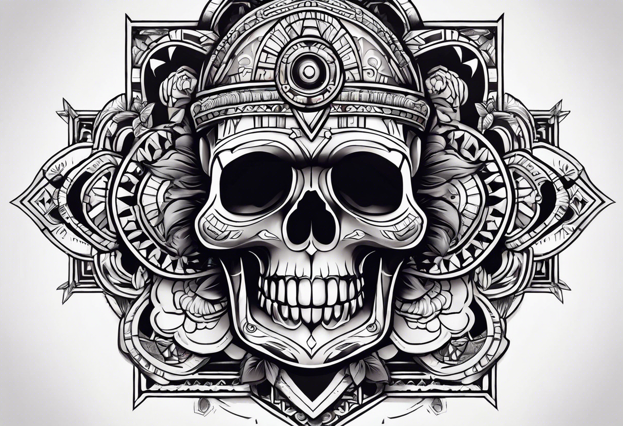 Old school knee tattoo with skulls and mayan symbols tattoo idea