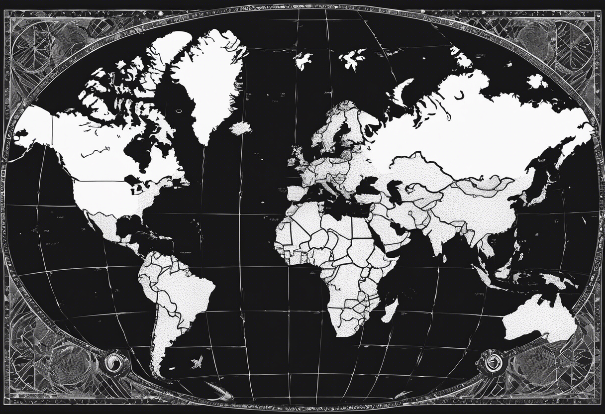 a flat map of the earth on a small fading grid tattoo idea