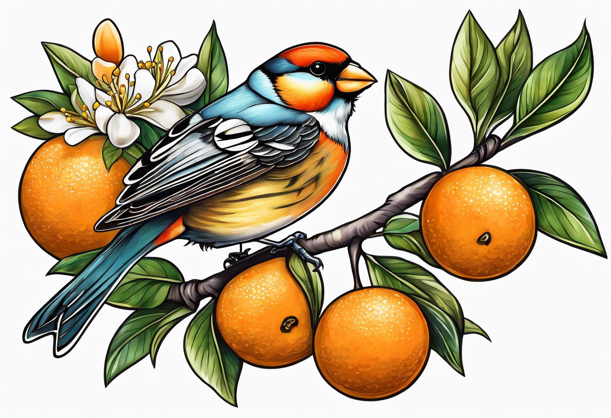 finch leaving on an orange blossom branch with its wings up tattoo idea