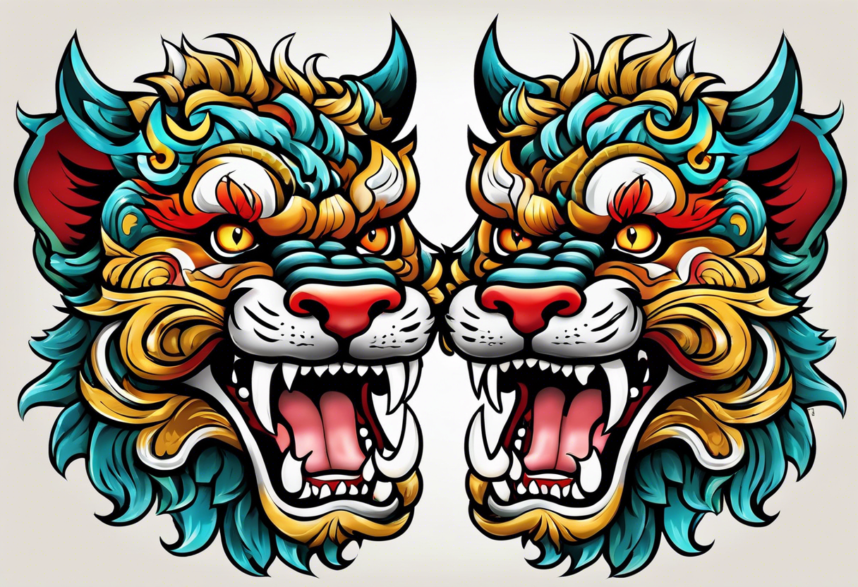 Okinawa style twin shisa dogs, one with open mouth, one with closed mouth, chest/pecs, Yakuza style, old school tattoo idea