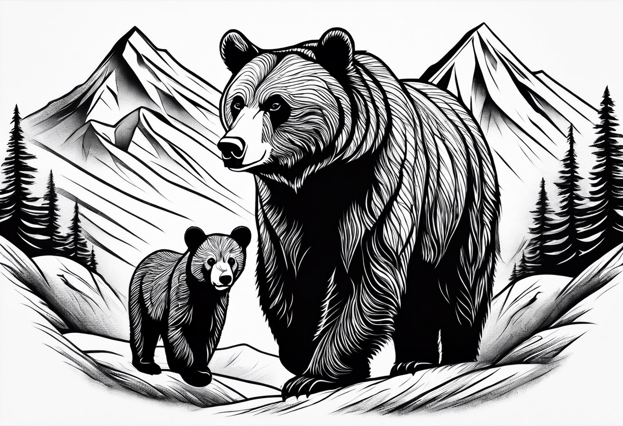 mamma bear and cub with mountains tattoo idea