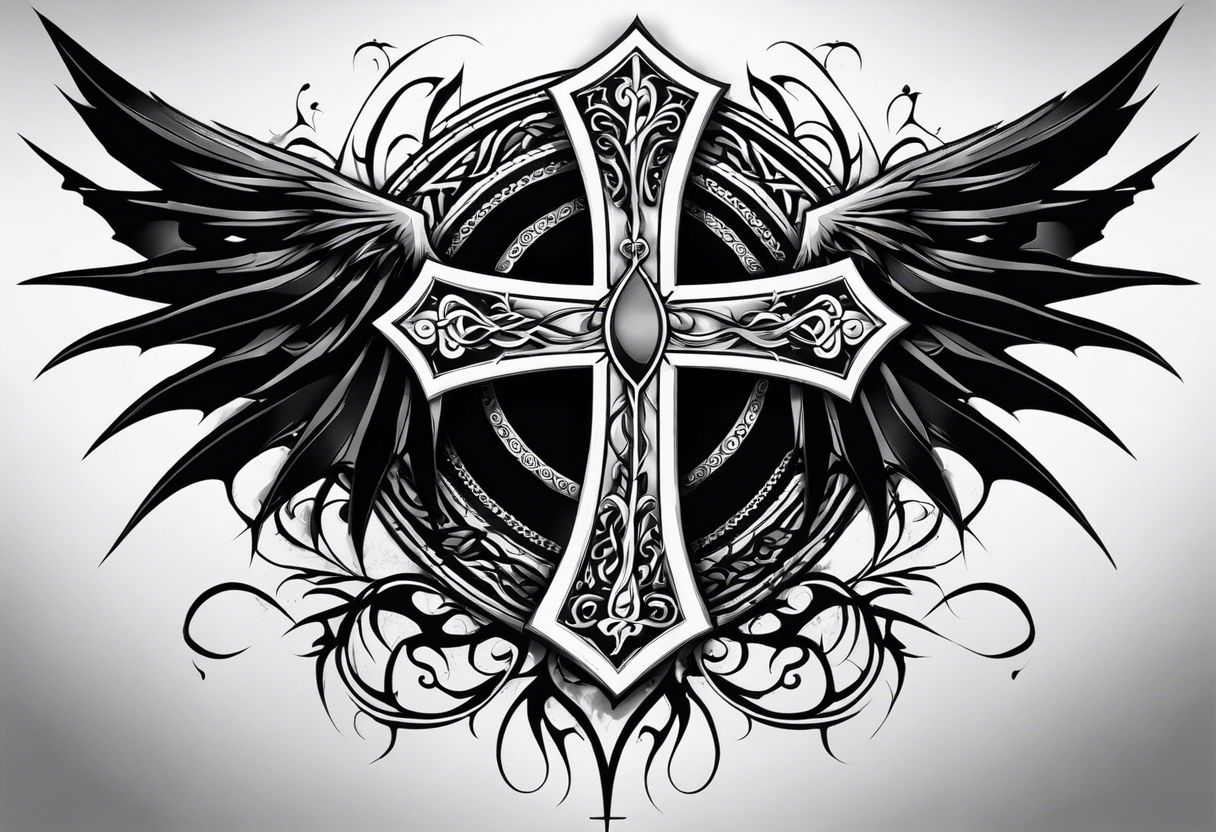 A Christian cross with sharp lower end imbedded into the ground that has roots growing from it. The cross is in the middle of two huge dragon wings. In the middle of the cross is an eye ball tattoo idea