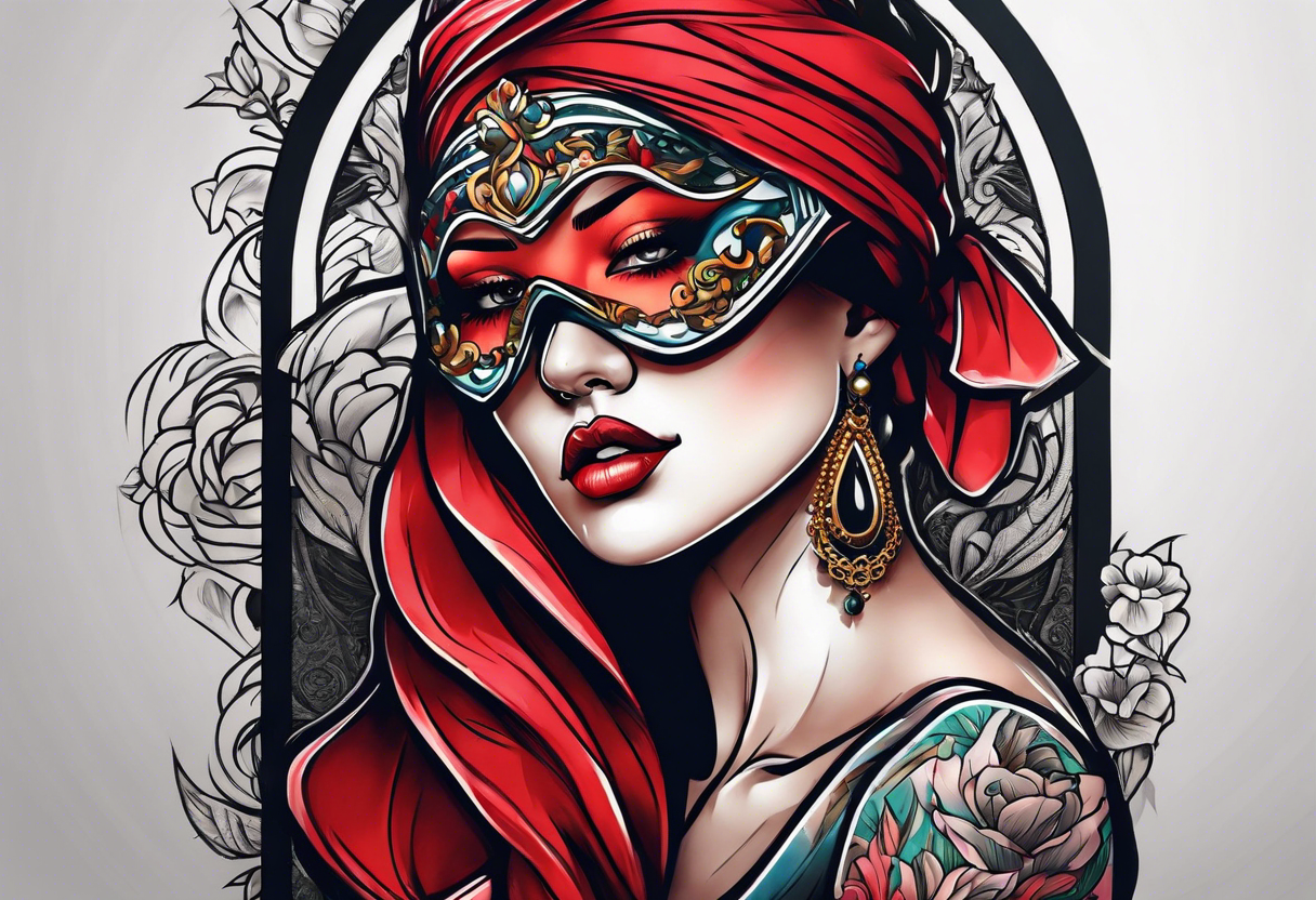 Bold Neo traditional blindfolded woman tattoo idea