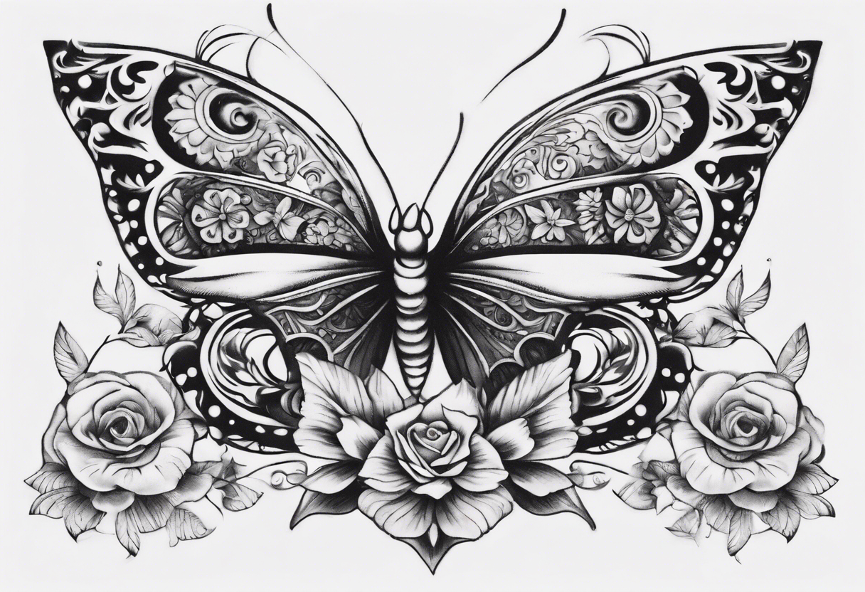 Butterfly wrap tattoos with large centre piece with moon and floral theme and heart. Bracelet around ankle show on higher ankle tattoo idea