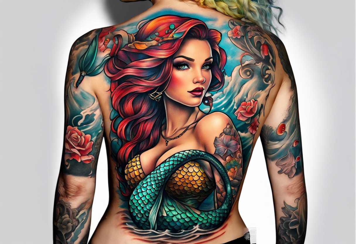 Tattooed mermaid beside shipwreck tattoo idea