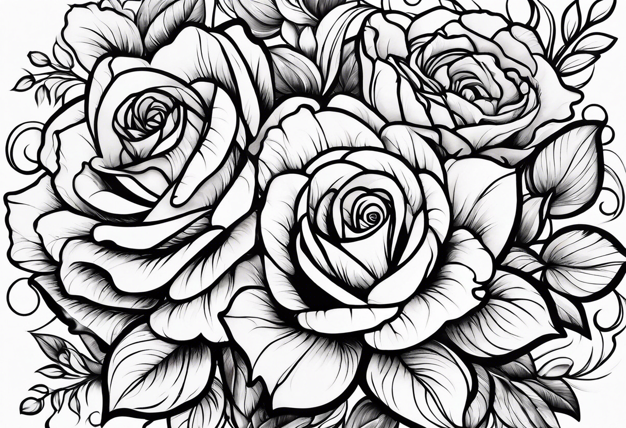 Roses and tulips with decorative swirls tattoo idea