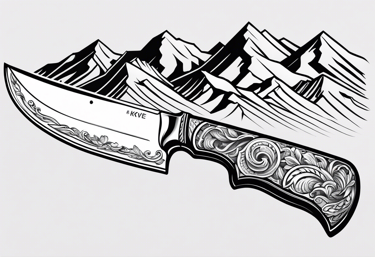 Chef knive with mountain range on the blade of the knife tattoo idea