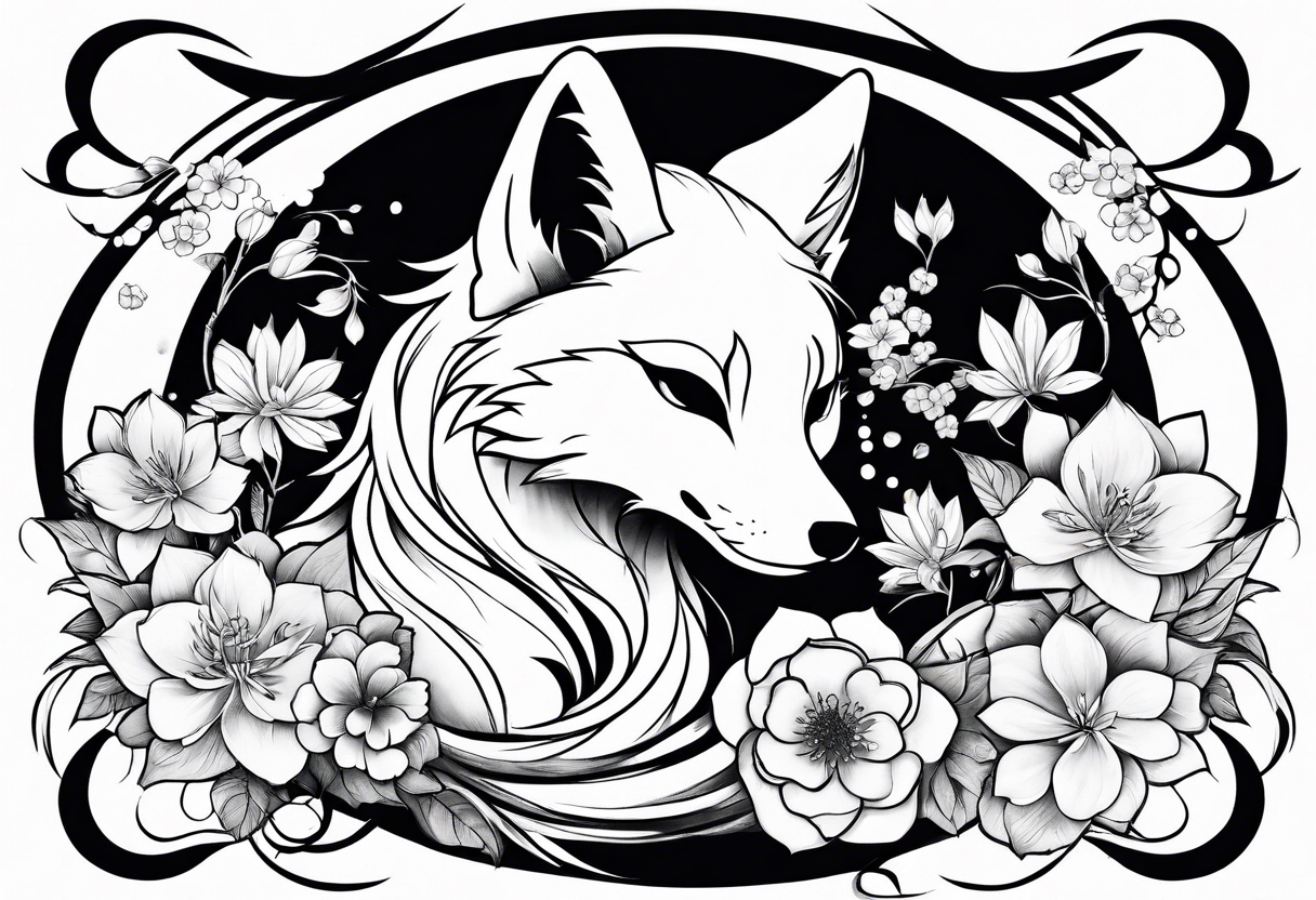 kitsune anime stiyle whit flowers tattoo idea