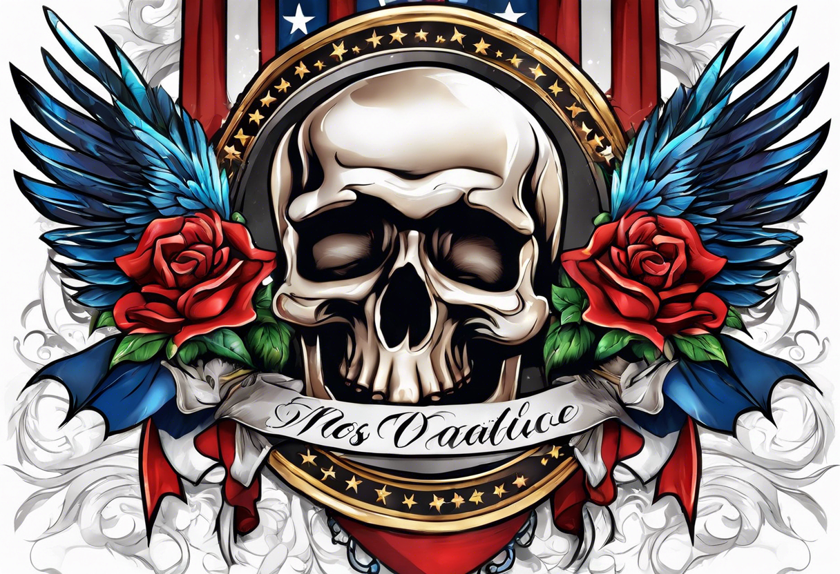 patriotic banner with skulls and birds tattoo idea