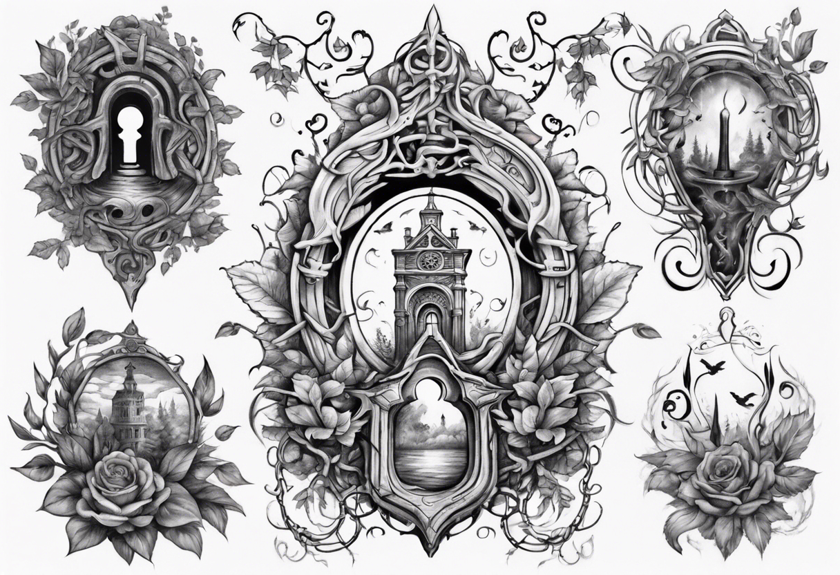 an intricate keyhole surrounded by elements like vines, and Inside the keyhole, incorporate personal symbols or imagery that hold significance to the individual. tattoo idea