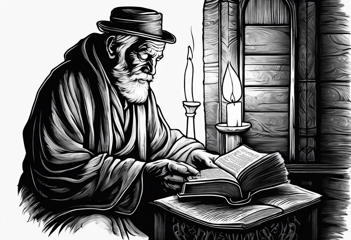 old man beggar reading a holy bible by candle light tattoo idea