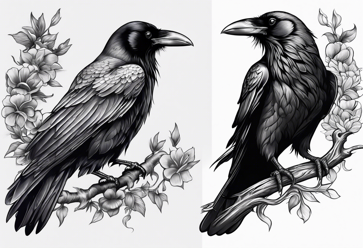 Stading raven with tongue out, blank eyes and long tail wings tattoo idea