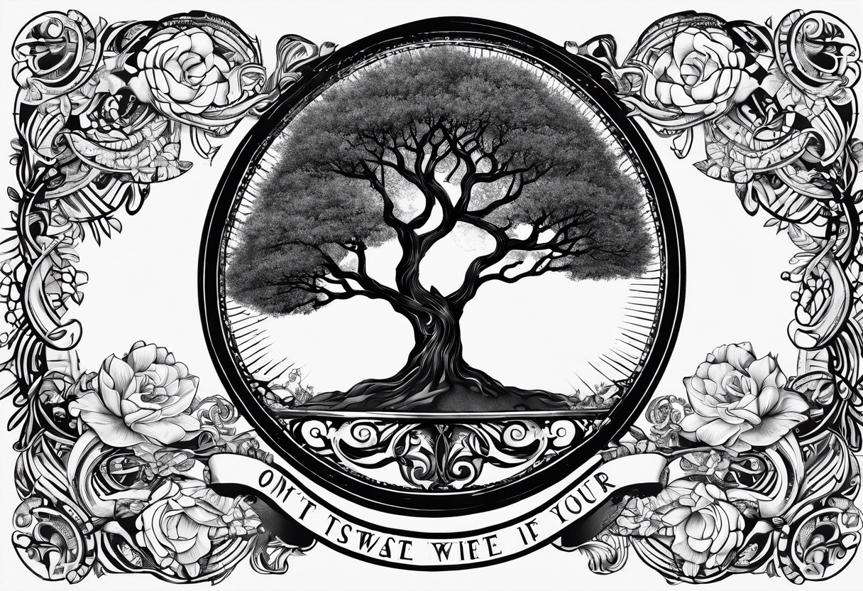 Circle of text on the hand of: don't waste tour time looking back youre not going that way. With a tree of life tattoo idea