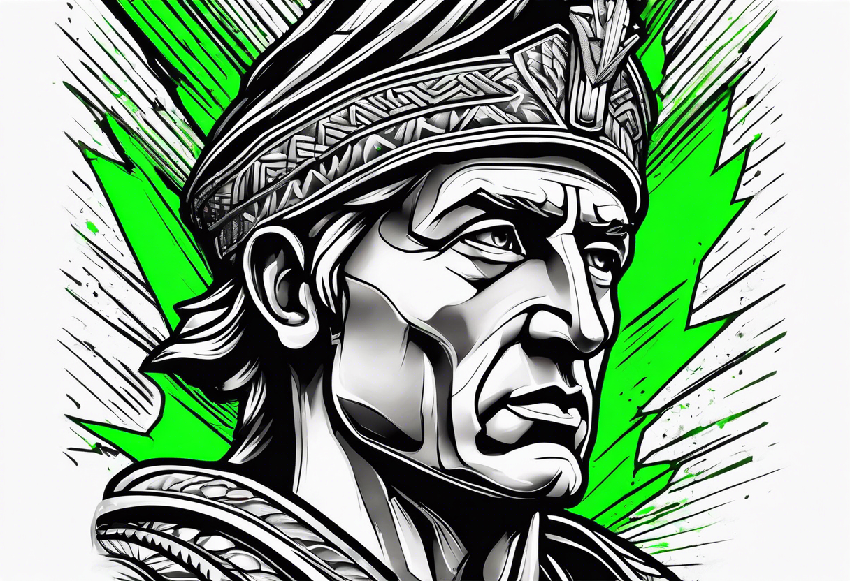 Julius Caesar tattoo with streaks of neon green lightning in the background tattoo idea