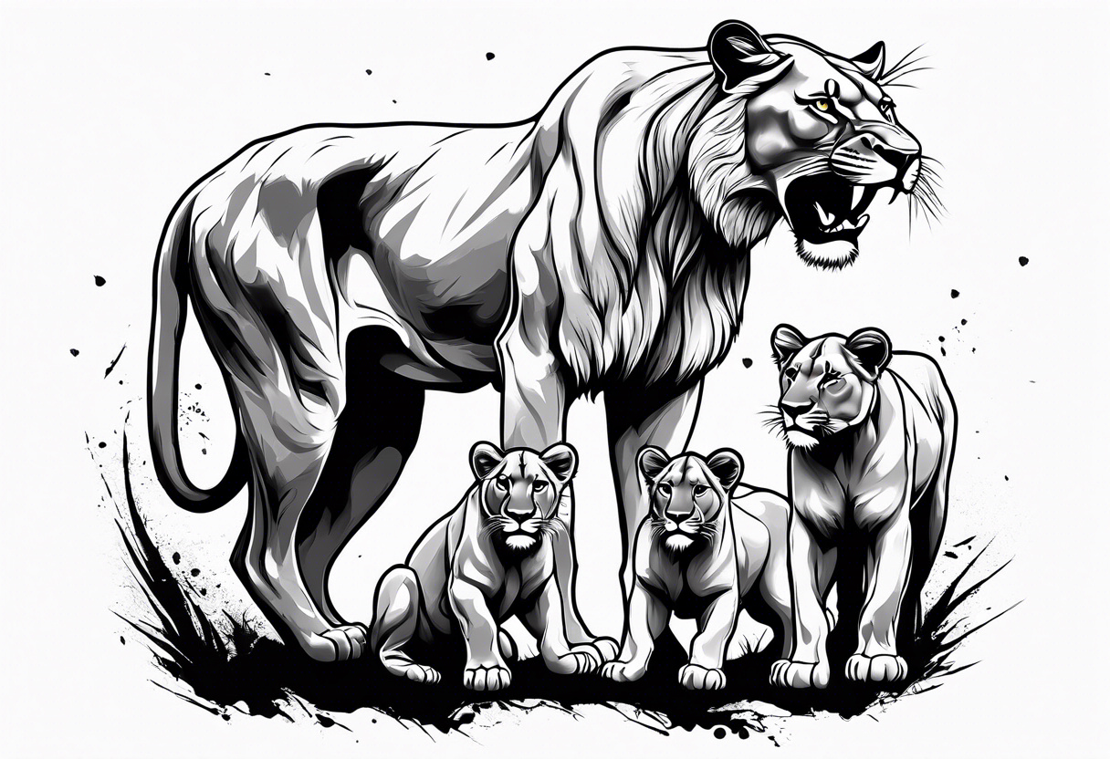 Fierce lioness on her hind legs in a fighting stance  Protecting her two cubs rib tattoo design tattoo idea