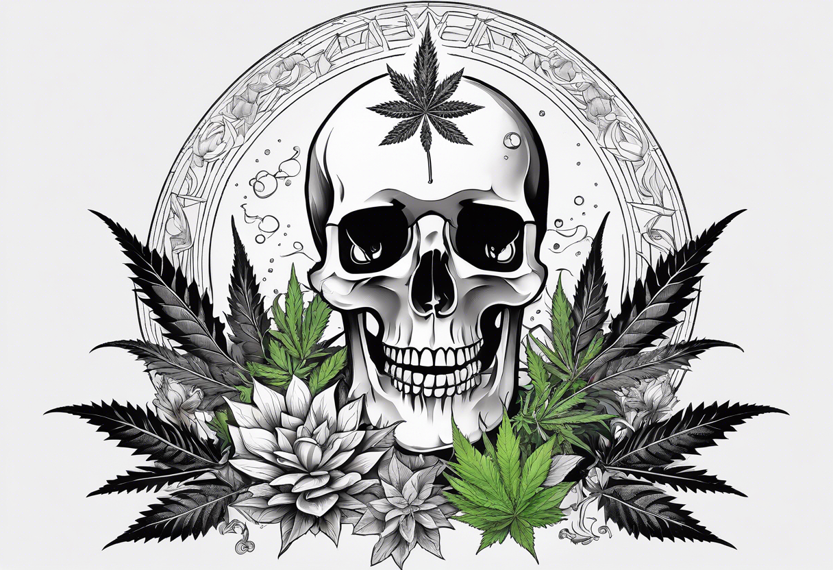 Minimal line art of cannabis plant from base to top with buds blooming. Mushrooms sprouting out of cat skulls. Incorporate the solar cycle and lunar cycle. Add crystals tattoo idea