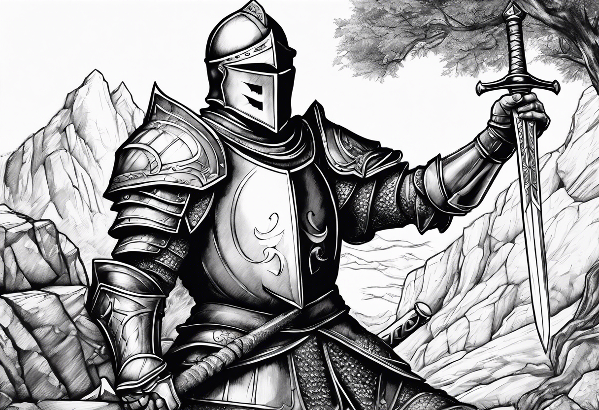 knight pulling out sword off stone tattoo idea