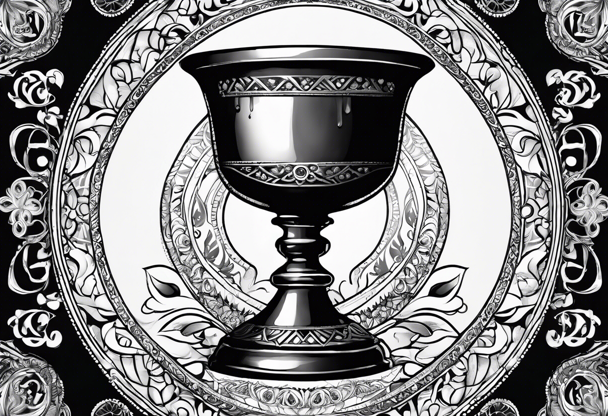 Illustrate a sacred chalice filled with symbolic water from different religious traditions, representing the shared essence of purity and spiritual nourishment. tattoo idea