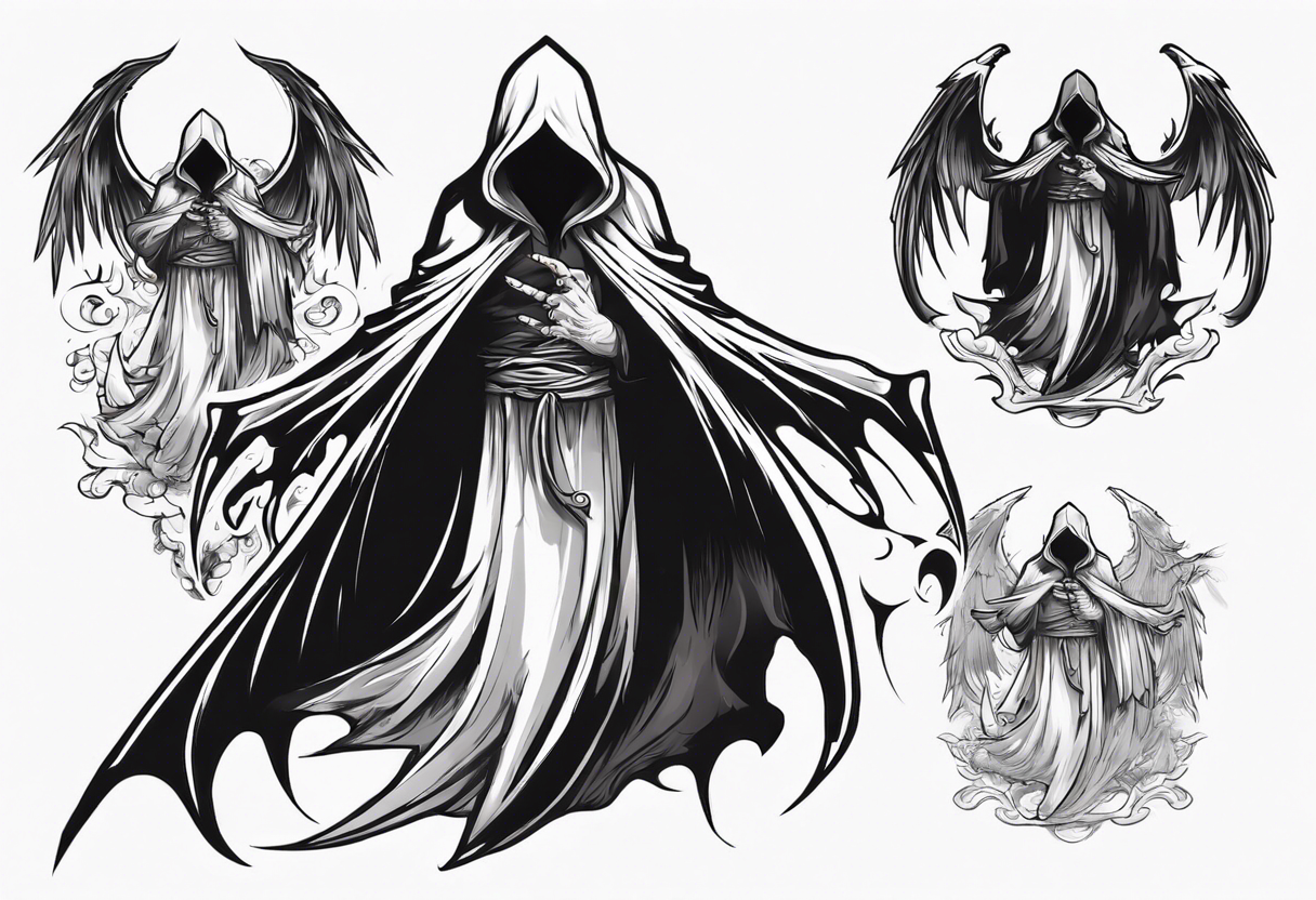 handsome asian grim reaper cloak with wings tattoo idea