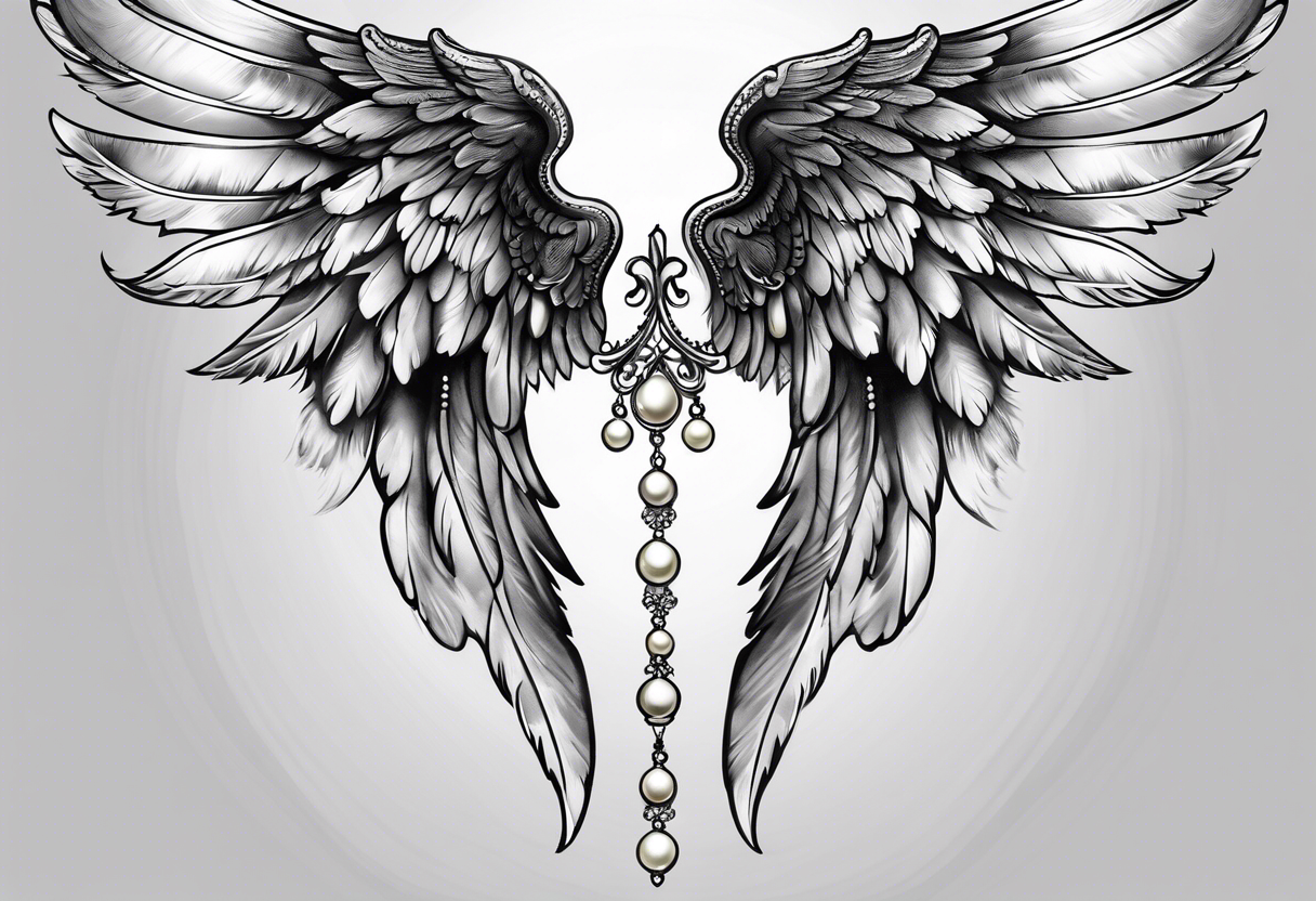 realistic delicate angel wings with pearls tattoo idea