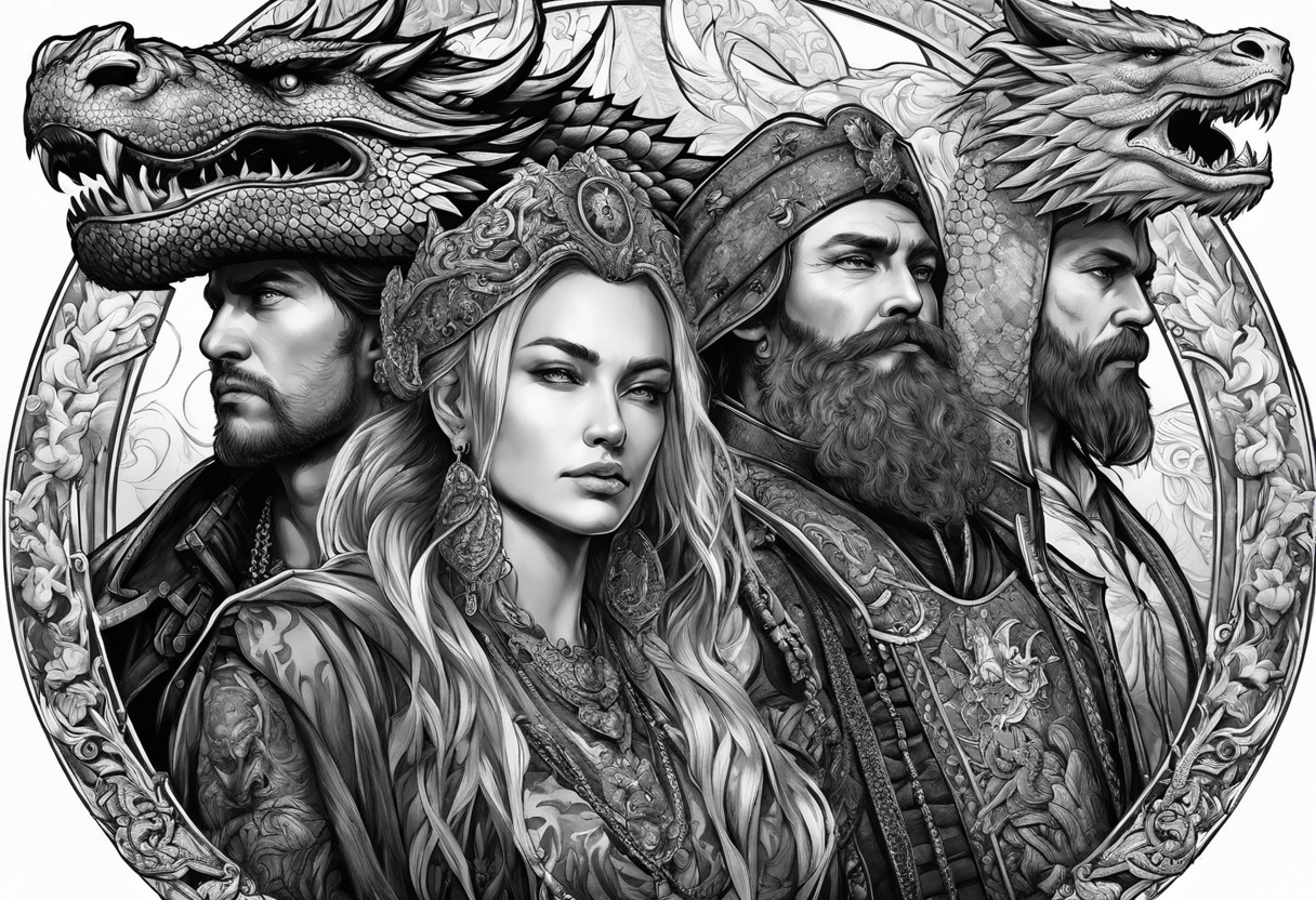 Three Russian heroes holding a dragon on a chain tattoo idea