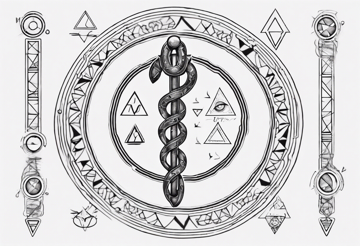 fine line Rod of Asclepius
 with "T1D" at the top with triangles and circles and squares in the background tattoo idea