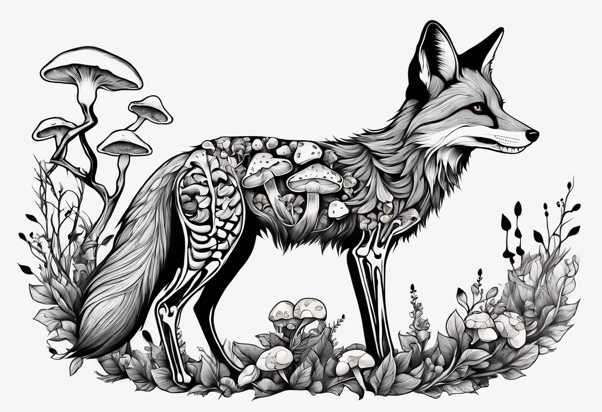 Dear fox skeleton with mushrooms growing out of it tattoo idea