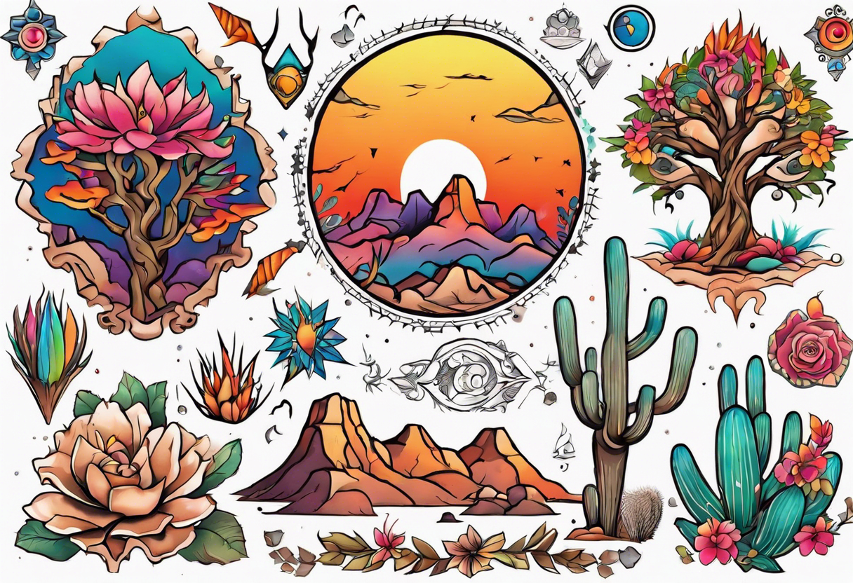 Design a vibrant, colorful, and intricate desert-themed tattoo to cover my chest piece. Incorporate elements like trees, flowers, and animals to create a harmonious and eye-catching composition. tattoo idea