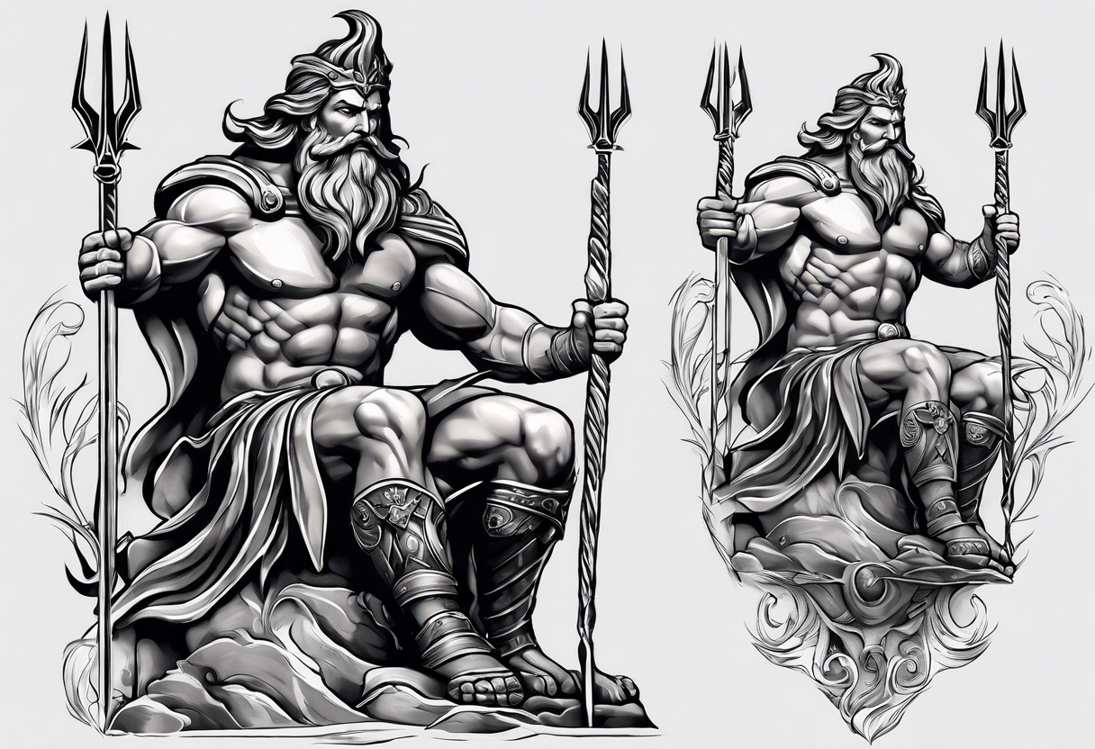 Poseidon with arrows in his back, full of anger and pain kneeling on his knee.
Make it look realistic, muscular and him masculine tattoo idea