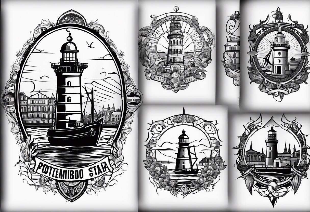 This tattoo depicts the city of Odesa. The main symbols of this city are a ship's wheel, a lighthouse, the Potemkin Stairs, and the sea. The placement of the tattoo is on the front of the thigh. tattoo idea