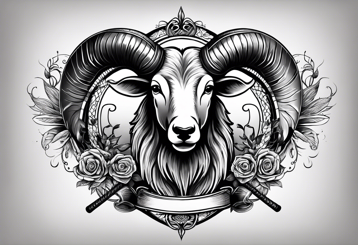 tattoo design containing the following objects: ram head, floorball ball, hockey stick, fishing rod tattoo idea